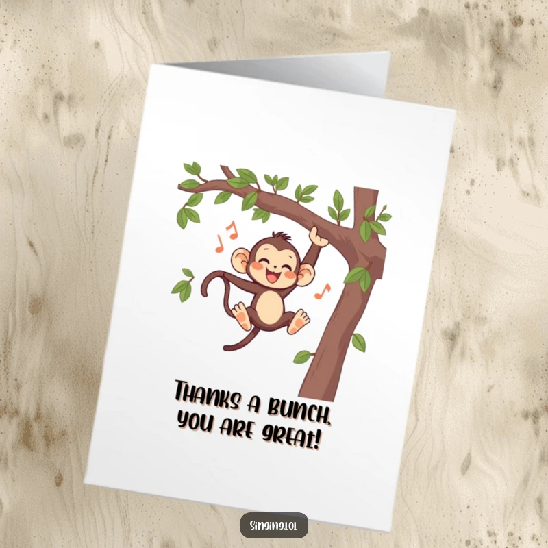 Funny Free Printable Thank You Card: A cheerful monkey singing joyfully while swinging, expressing deep appreciation.