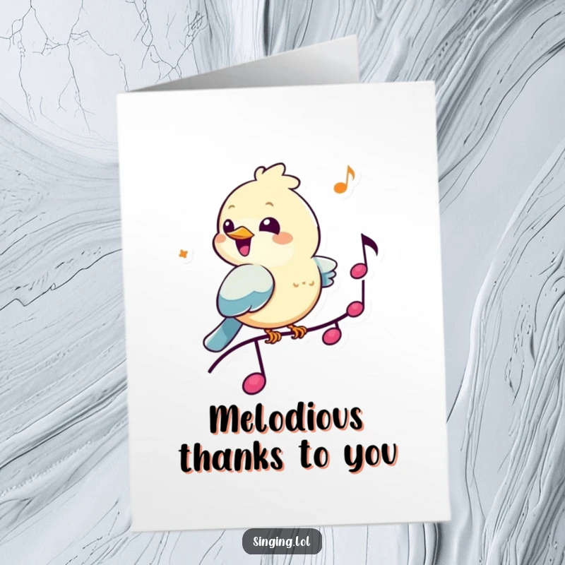 Funny free printable thank you card of a cheerful bird perched on a musical note, chirping happily to express thanks.