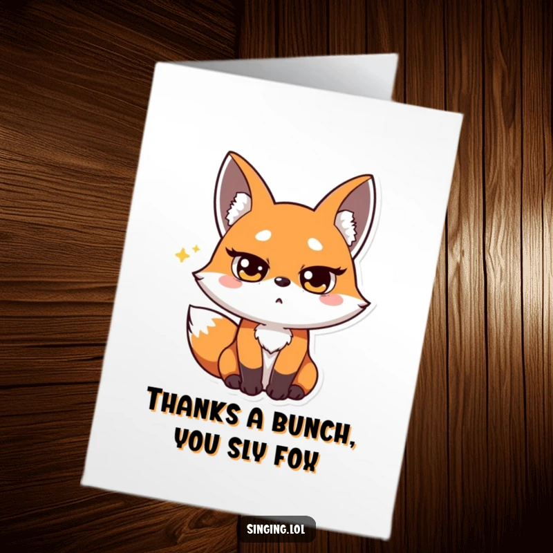 Funny free printable thank you card of a surprised fox character hitting a high note with squinted eyes, expressing thanks dramatically.