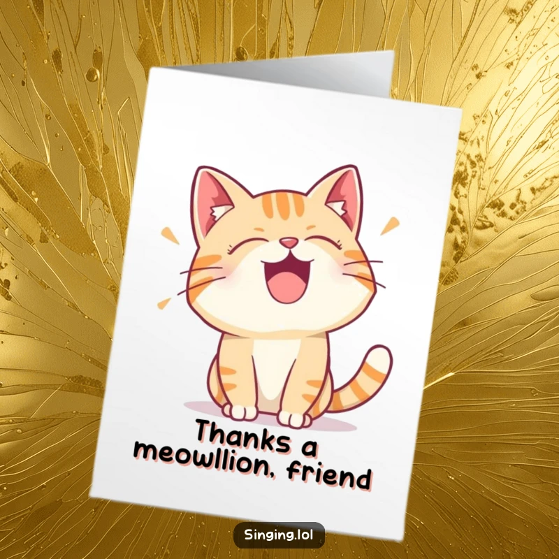 Funny Free Printable Thank You Card: A delighted cat character sings a trilling thank you with a smile.