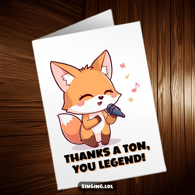 Funny Free Printable Thank You Card: A happy fox serenades you with a tiny microphone, expressing heartfelt thanks with a smile.