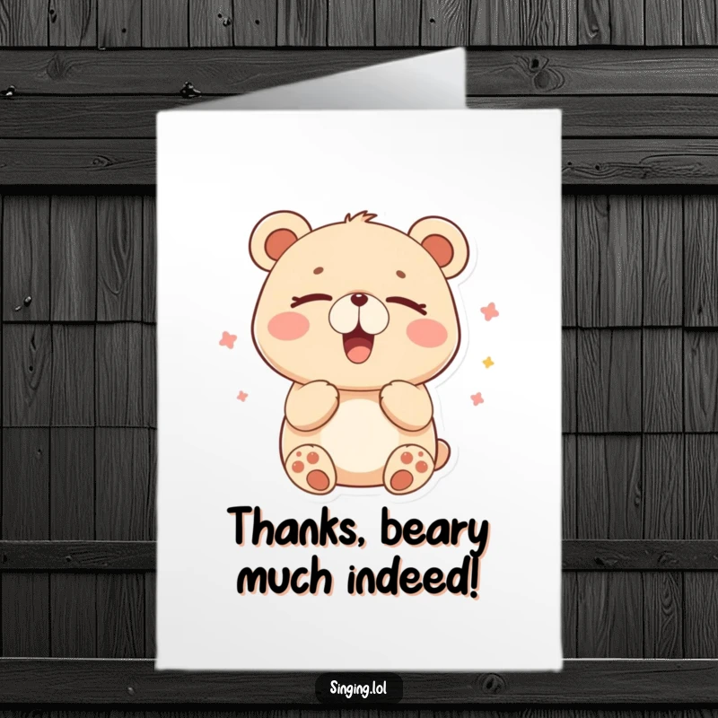 Funny Free Printable Thank You Card: A happy bear character hums contentedly with closed eyes, showing gratitude peacefully.