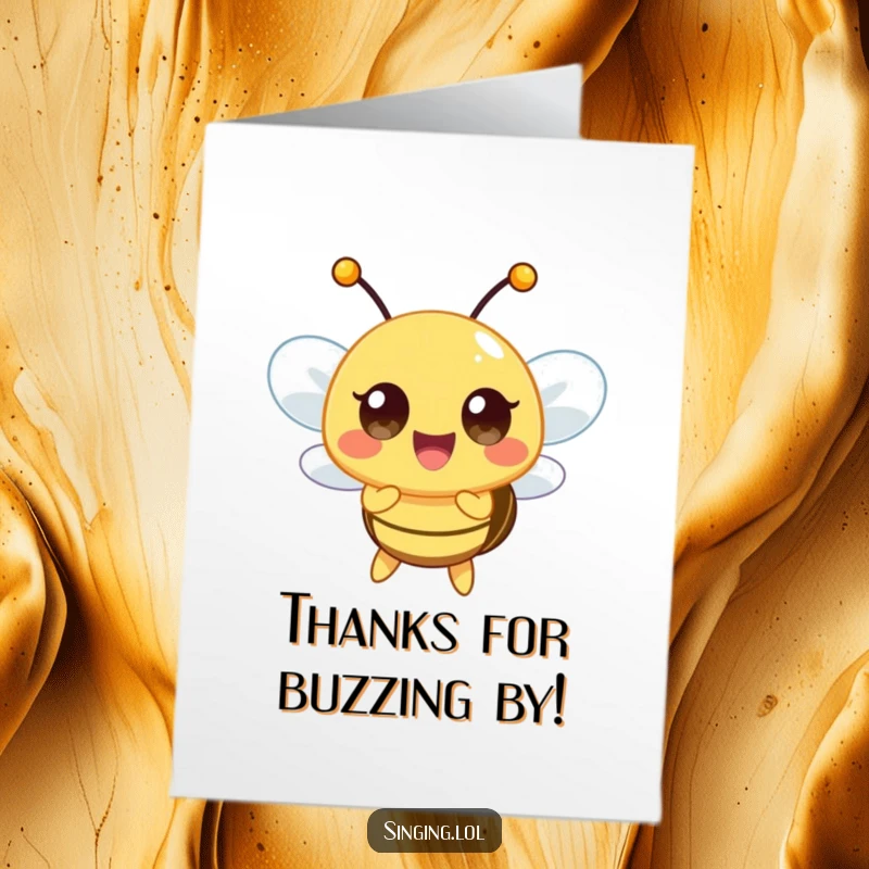 Funny Free Printable Thank You Card of a happy bee character buzzing a high note, conveying gratitude musically.