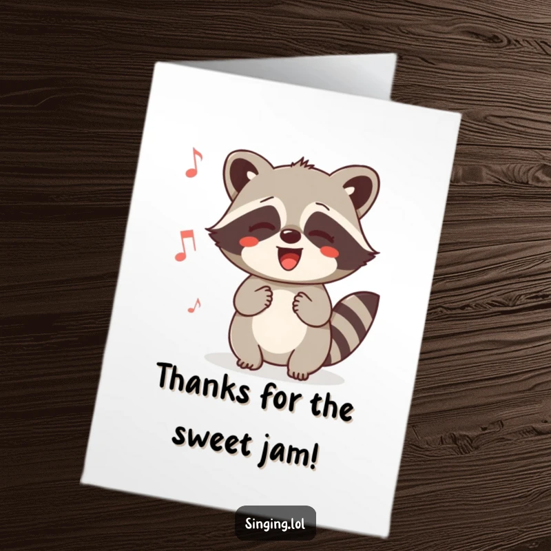 Funny Free Printable Thank You Card: A delighted raccoon humming a tune, a cute and humorous way to show thanks.