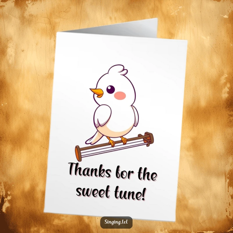 Funny Free Printable Bird Thank You Card: A smiling bird character perched on a musical staff, chirping a heartfelt thank you.