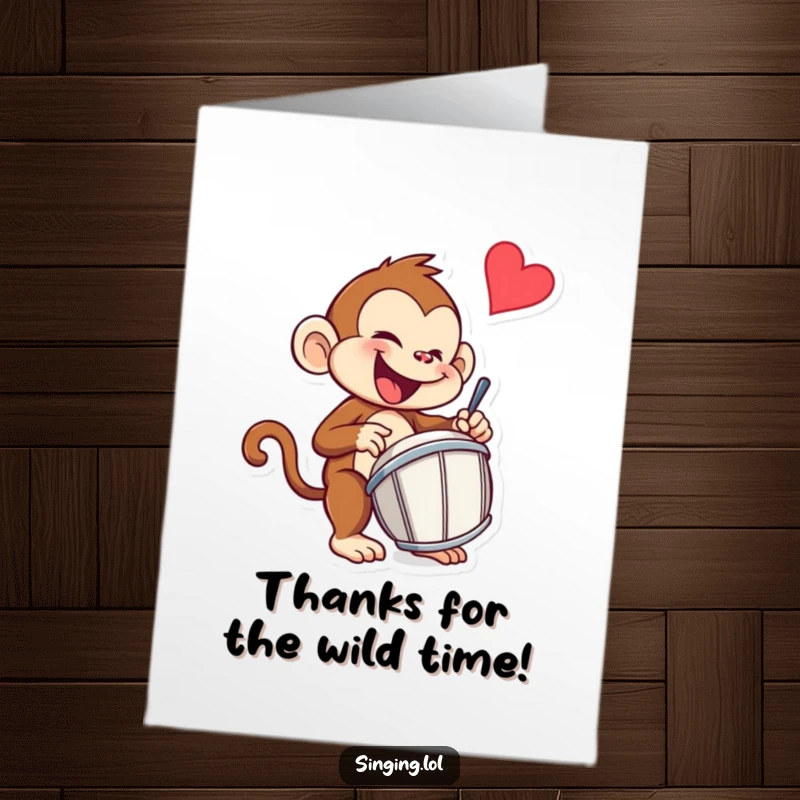 Funny Free Printable Monkey Thank You Card: A mischievous monkey character drumming enthusiastically to convey sincere and fun thanks.
