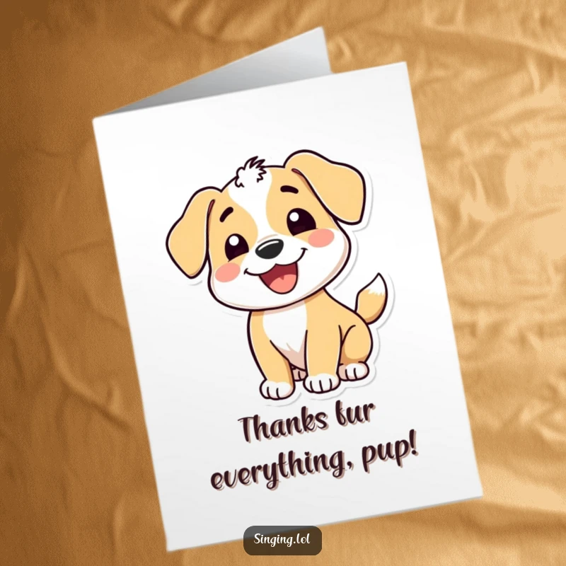 Funny Free Printable Thank You Card: A happy puppy character with a wide grin, wagging its tail to show thanks.
