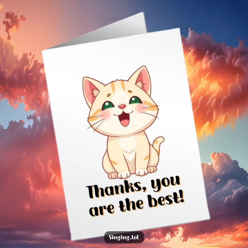Funny Free Printable Thank You Card: A curious cat character meowing a high, playful pitch to say thank you.