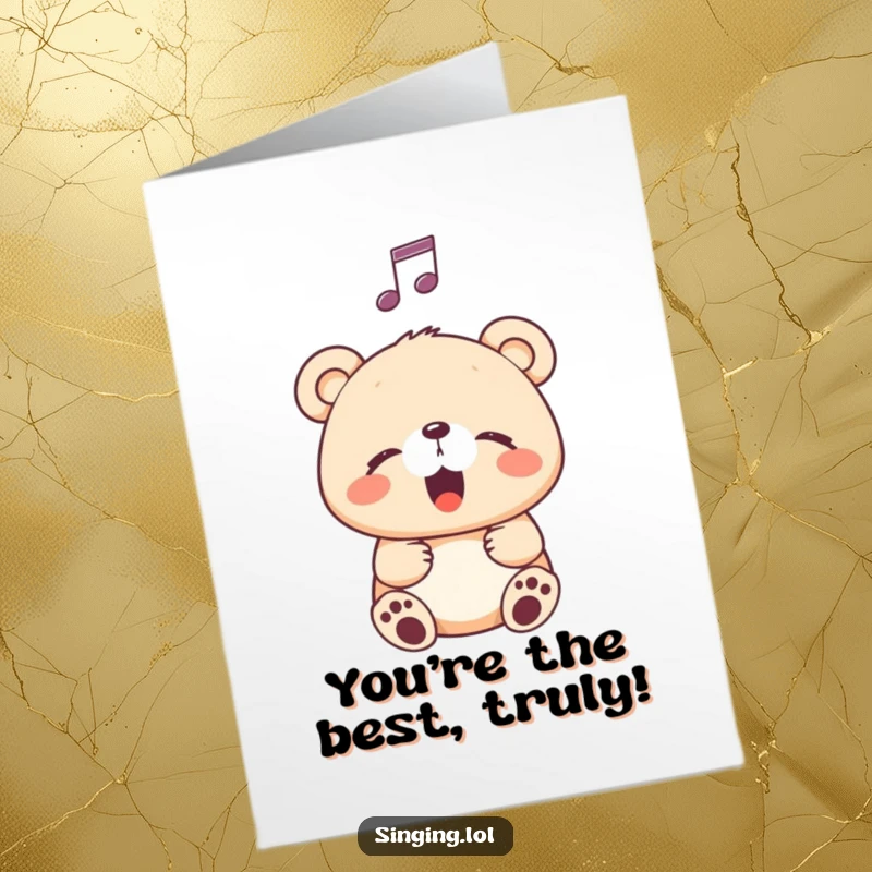 Funny free printable thank you card: a happy bear cub sings with eyes closed, a musical note above.