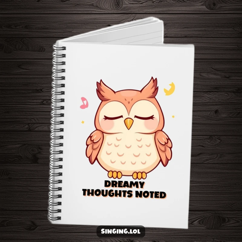 Funny owl notebook featuring a happy character peacefully hooting a lullaby with closed eyes, perfect for jotting down peaceful reflections.