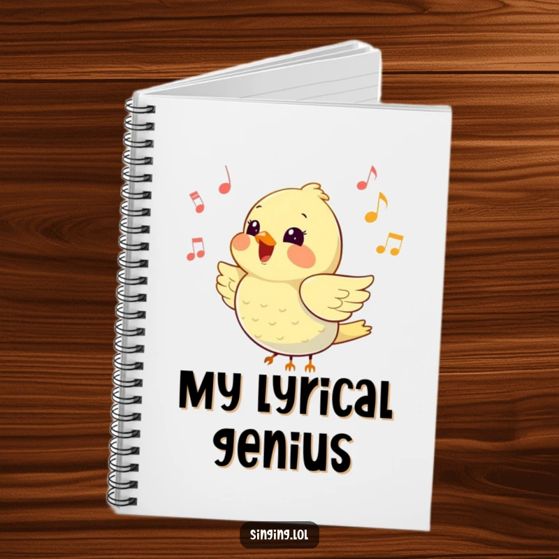 Funny notebook with a happy little bird chirping loudly amidst flying music notes, perfect for jotting down melodies.