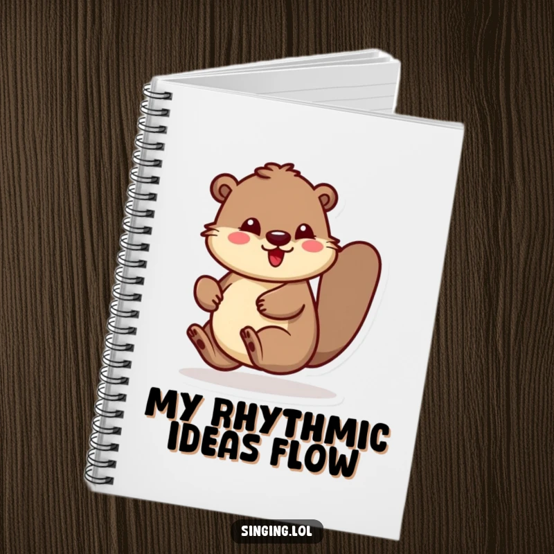 Funny notebook cover with a beaver character bouncing and rhythmically tapping its foot, ideal for creative writing and journaling.