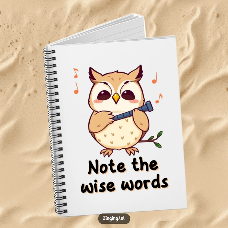 Funny owl notebook with a curious owl character hooting to a melody, perfect for capturing creative ideas.