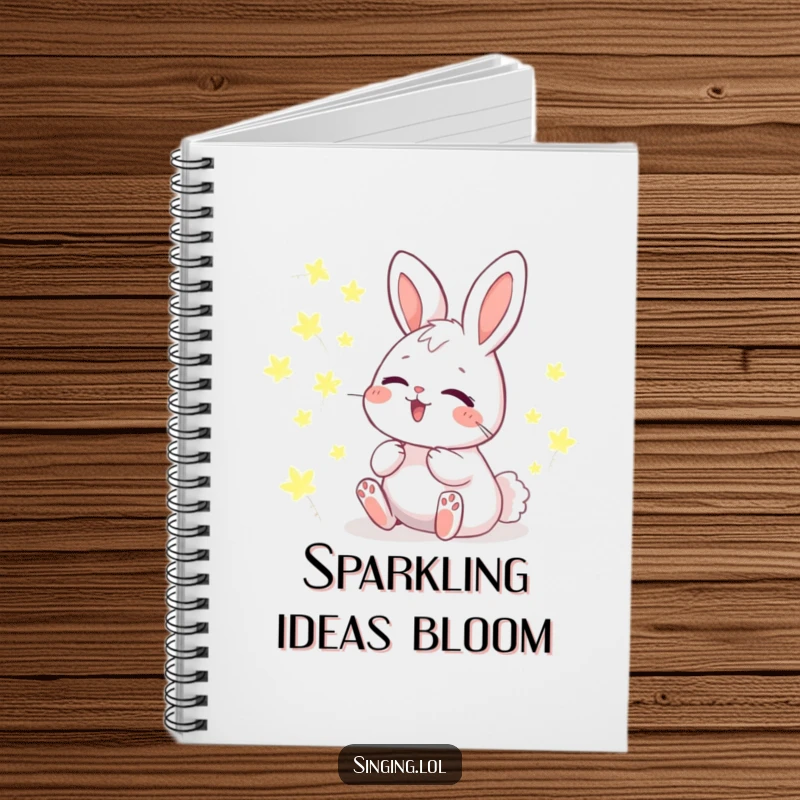 Funny Notebook featuring a giggling bunny character harmonizing with glowing fireflies, perfect for writing down creative ideas and notes.