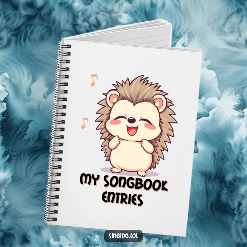 Funny smiling hedgehog character with closed eyes, singing, featured on a notebook cover for musical and humorous note-taking.