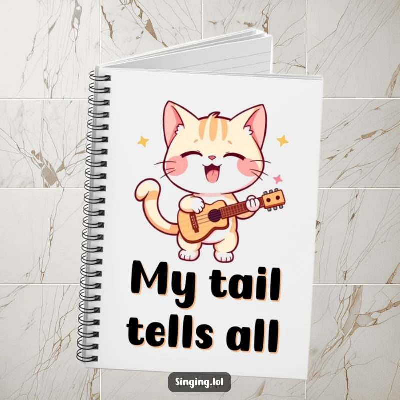 Funny kitten notebook, a playful cat enthusiastically performing solo, tail wagging, inspiring creativity and musical thoughts.