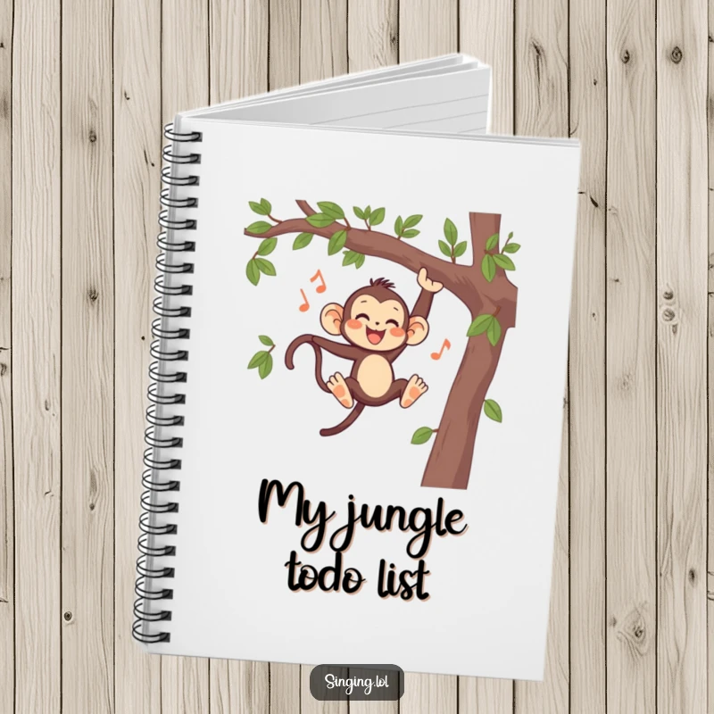 Funny Monkey Singing Notebook, a cheerful primate character swinging and singing, perfect for jotting down notes and ideas.