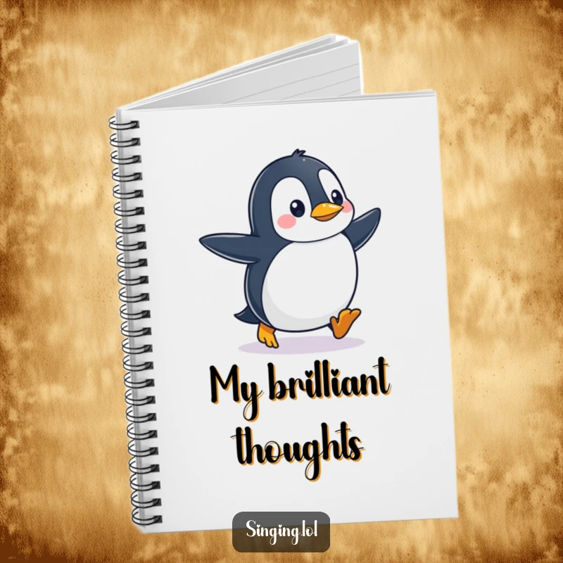 Cute waddling penguin character tapping its feet rhythmically, featured on the cover of a lined notebook for writing.