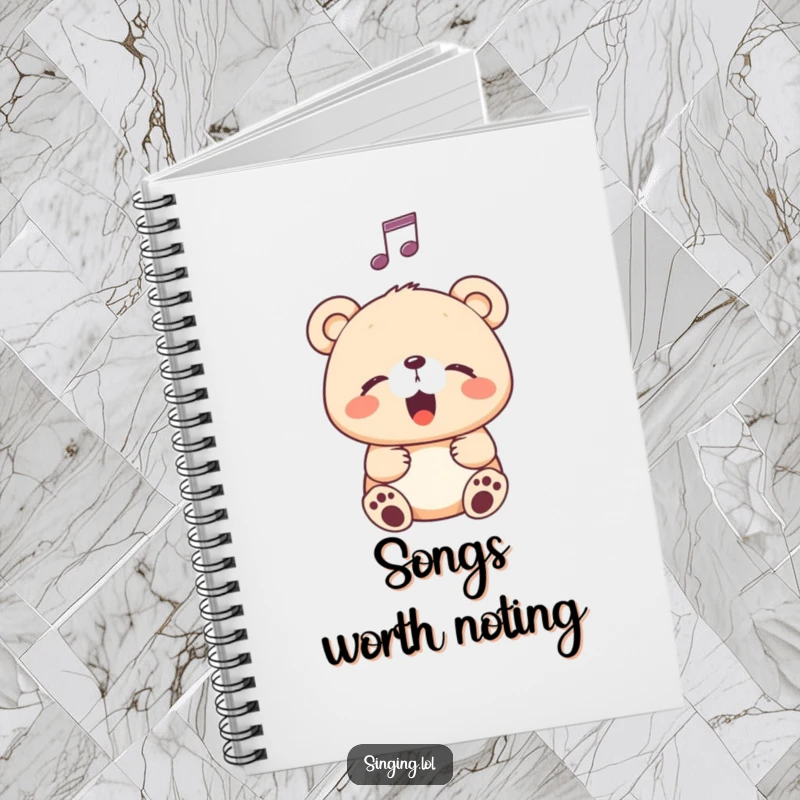 Funny Notebook featuring a happy bear cub singing with eyes closed and a musical note, ideal for jotting down songs and ideas.