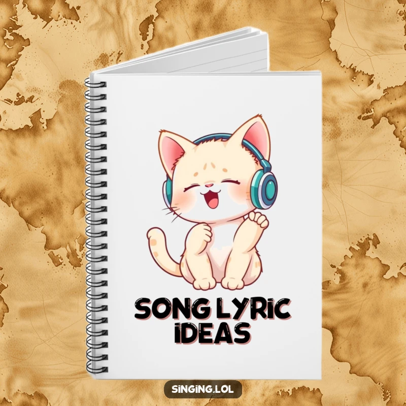 Funny notebook with a singing kitten wearing tiny headphones and tapping its paw, perfect for notes and lyrics.
