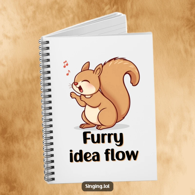 Funny notebook cover featuring a joyful squirrel singing with its tail swinging rhythmically, ideal for notes with a humorous theme.