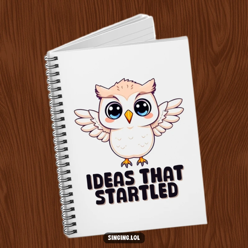 Funny notebook cover with a surprised owl character with wings outstretched, inspiring notes on moments of shock and realization.