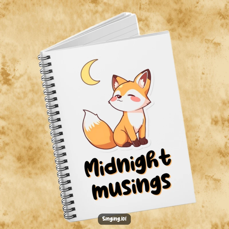 Funny notebook with a playful fox character howling joyfully at a crescent moon, perfect for notes and ideas.