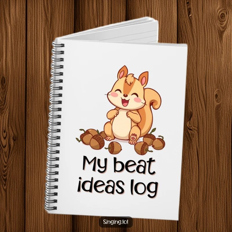 Funny squirrel drummer notebook, a happy squirrel enthusiastically drumming, perfect for jotting down notes and ideas.