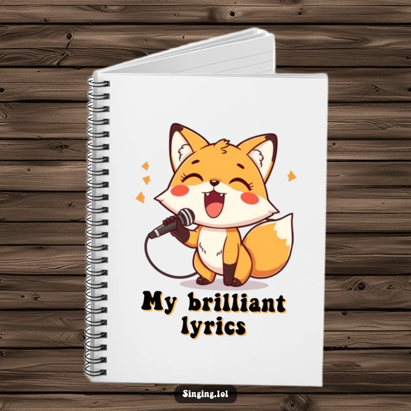 Funny Notebook featuring a cheerful fox character holding a microphone and belting out a tune, perfect for songwriting and notes.