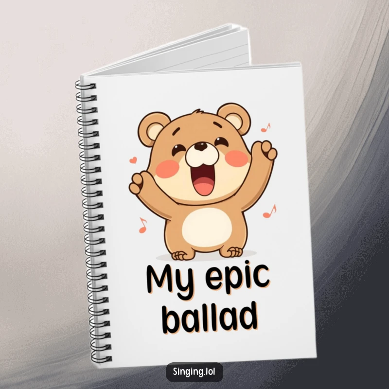 Funny bear notebook with a character belting out a tune with a wide grin, perfect for creative writing and music notes.
