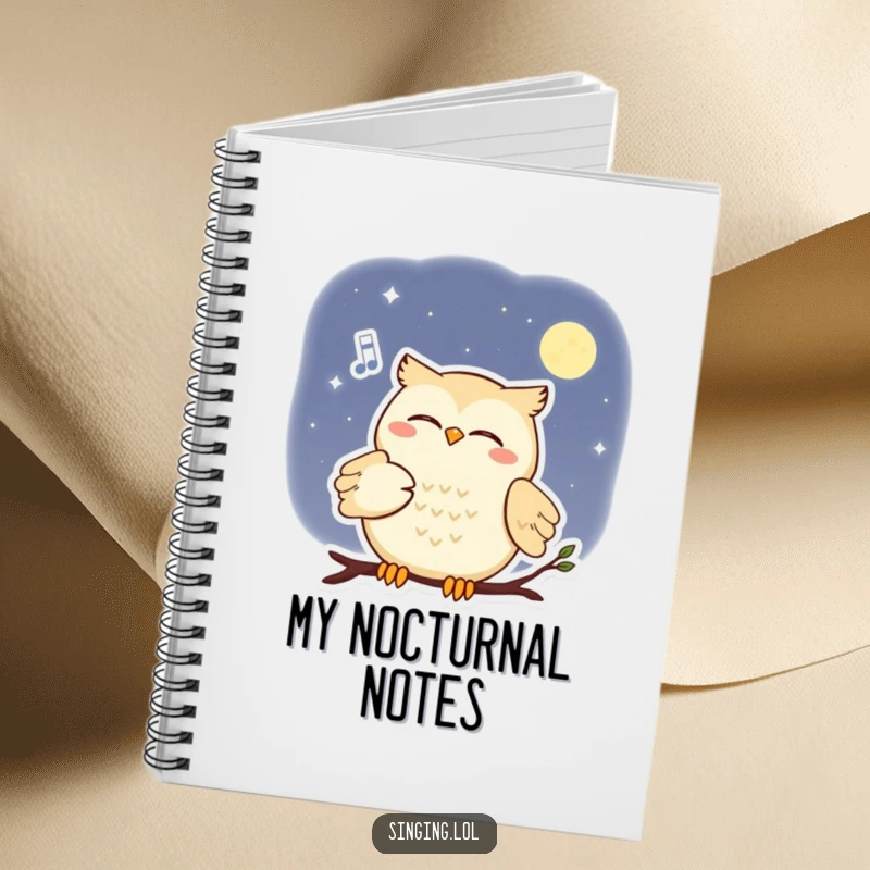 Funny notebook with a smiling owl serenading the moon with a soft melody, perfect for capturing nocturnal ideas.