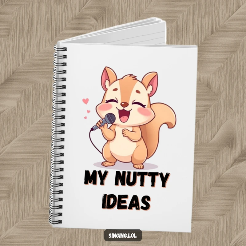 Funny squirrel notebook featuring a giggling character holding a tiny microphone, singing loudly, ideal for creative writing.