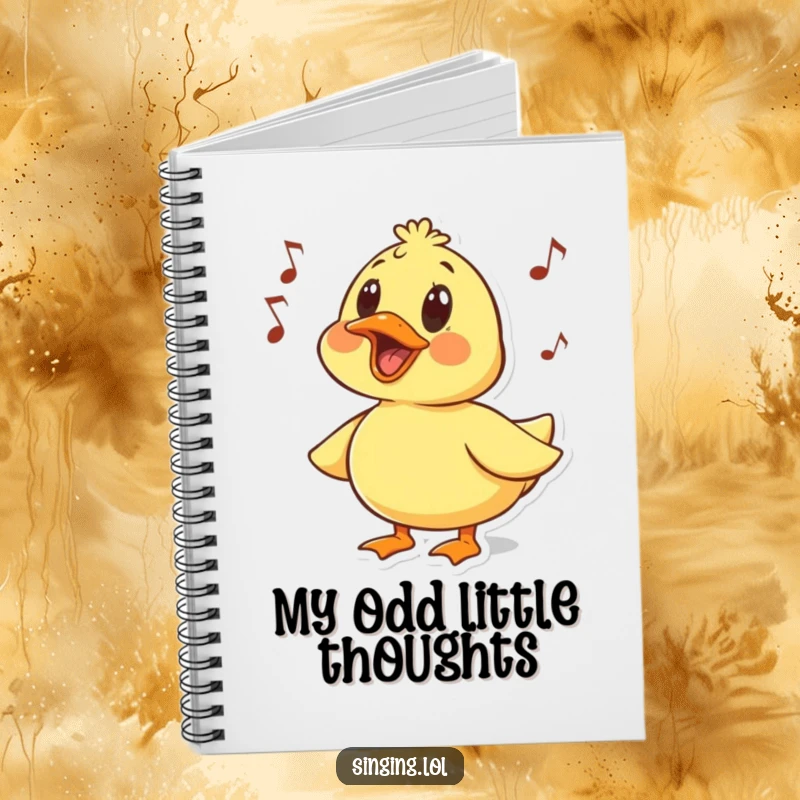 Funny notebook with a surprised duck character quacking a humorous melody, for jotting down witty and amusing thoughts.