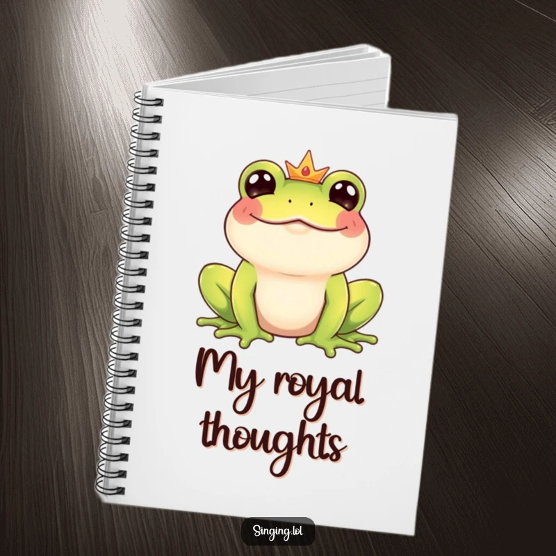 Funny Frog Prince notebook featuring a giggling amphibian prince character croaking a happy tune, perfect for jotting down funny thoughts.