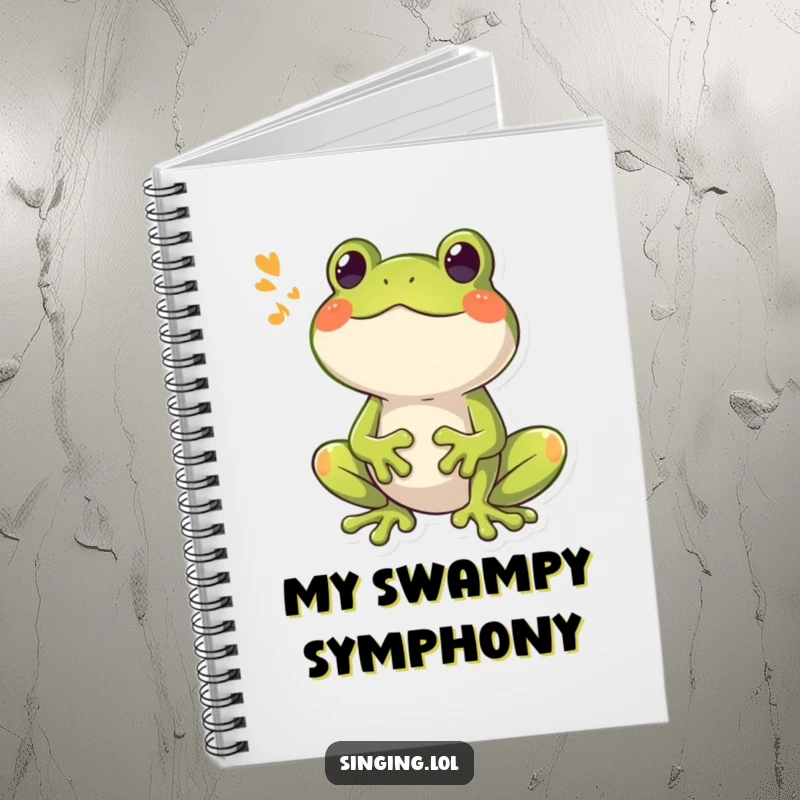 Funny Frog Croaking Notebook, a happy frog character croaking a loud, booming song, perfect for notes.