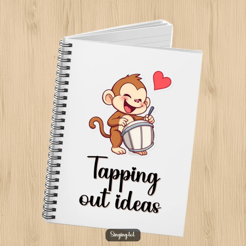 Funny monkey notebook with a mischievous monkey drummer character enthusiastically drumming, ready for notes.