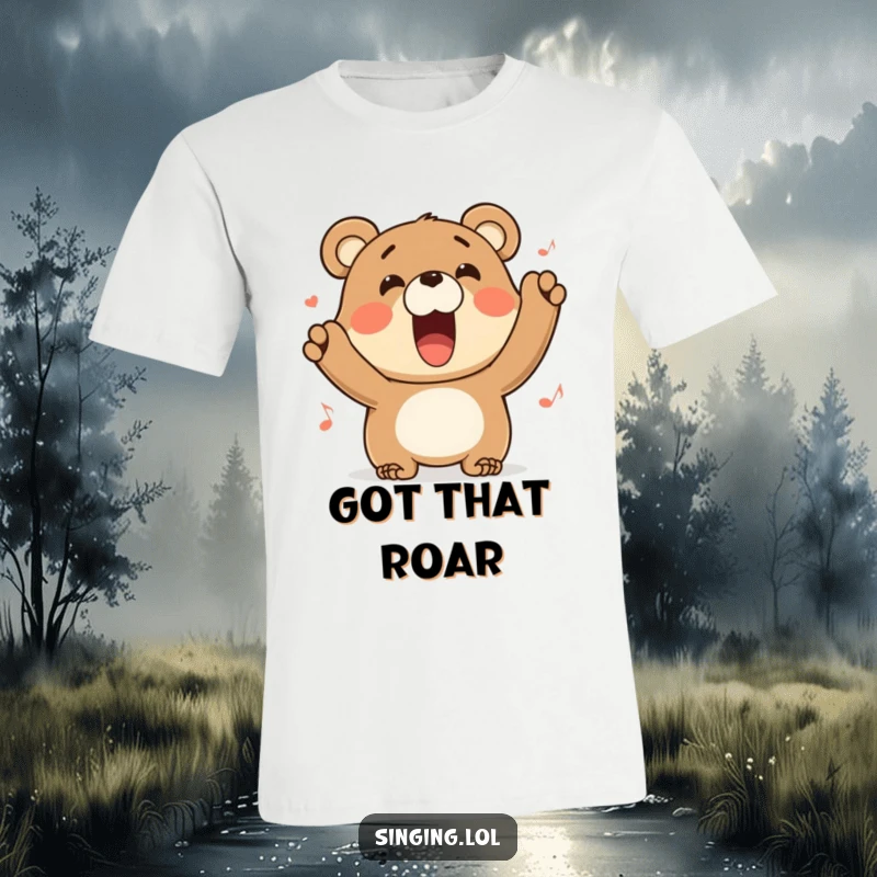 Funny bear t-shirt character belting out a tune with a wide grin, a hilarious depiction of pure musical joy.