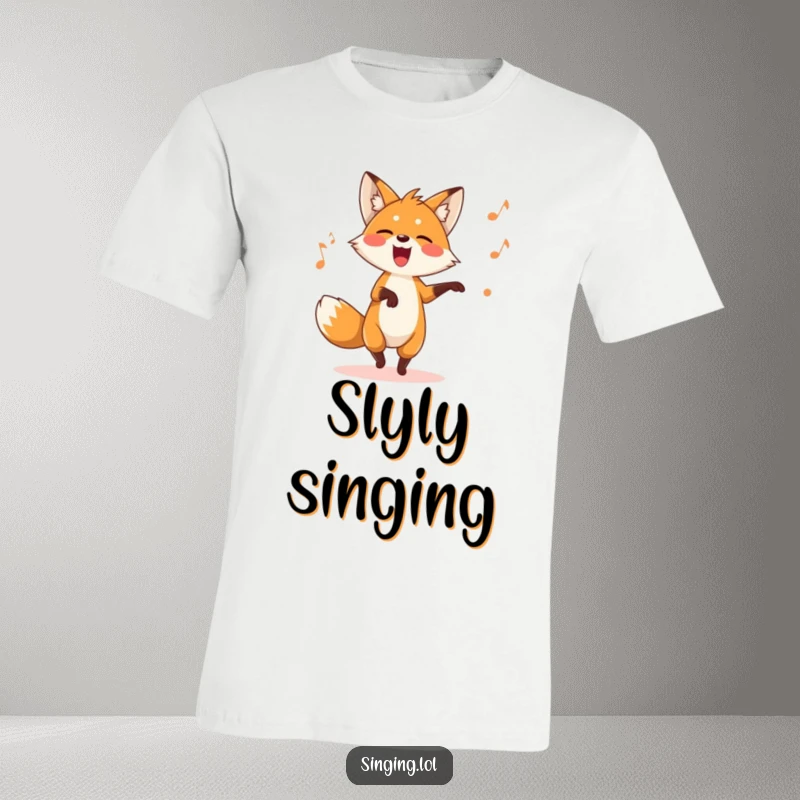 Funny fox t-shirt character dancing energetically while singing a silly song, a whimsical musical display.