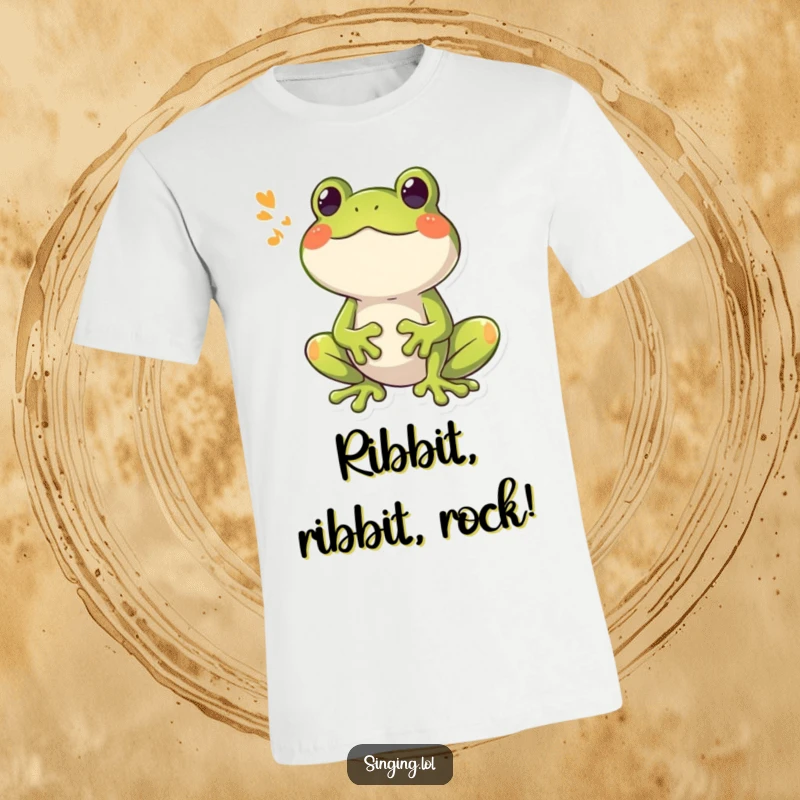 Funny Frog Croaking Tshirt, a happy frog character croaking a loud, booming song with enthusiasm and joy.