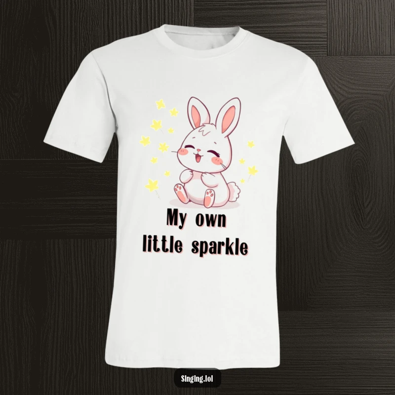 Funny T-Shirt showing a giggling bunny character harmonizing with a luminous chorus of glowing fireflies, radiating enchantment.