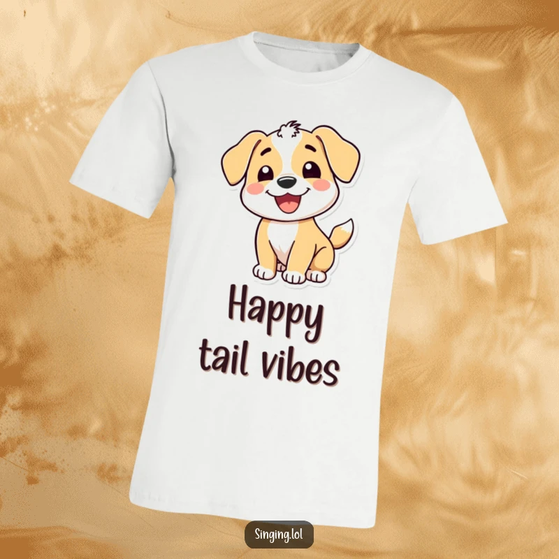 Funny t-shirt showcasing a happy puppy character with a wide grin, its tail wagging energetically to a beat, embodying pure canine happiness.