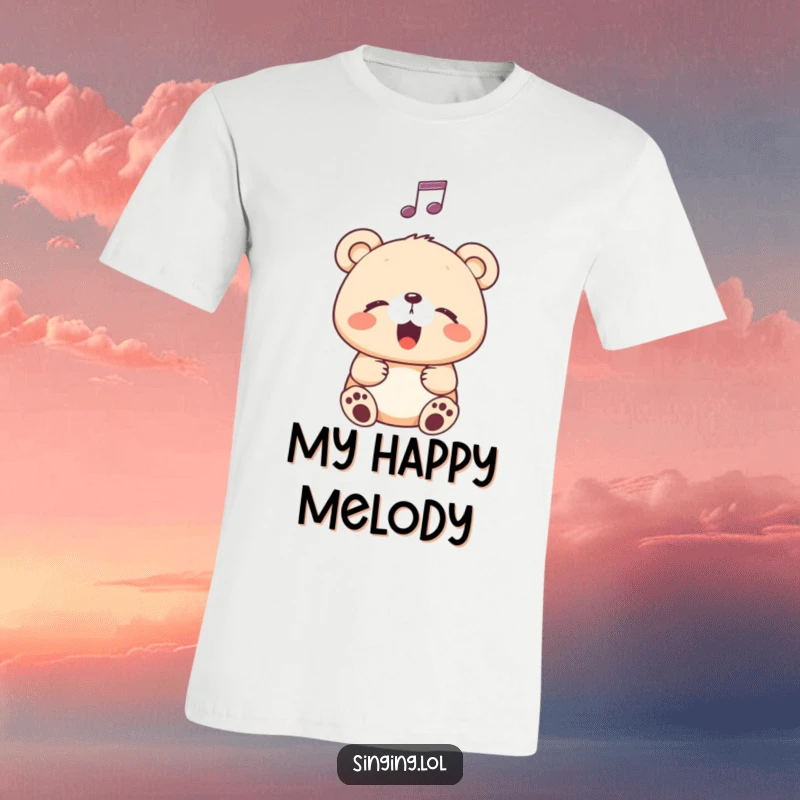 Funny T-Shirt with a happy bear cub singing blissfully with eyes closed, a musical note symbolizing its sweet melody.