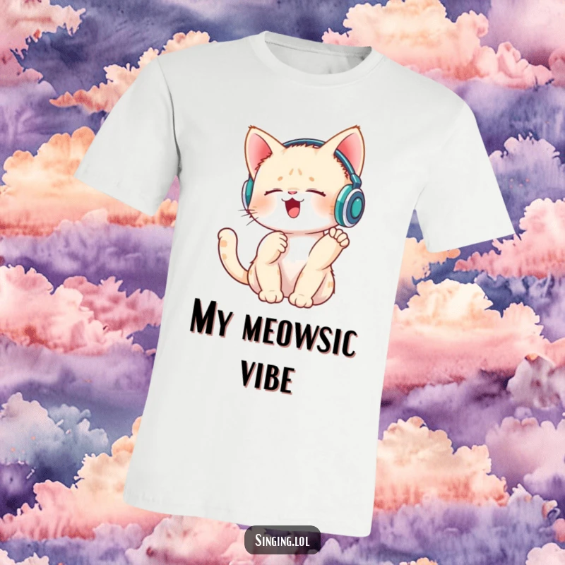 Funny t-shirt showcasing a singing kitten wearing tiny headphones and tapping its paw, embodying musical feline fun.