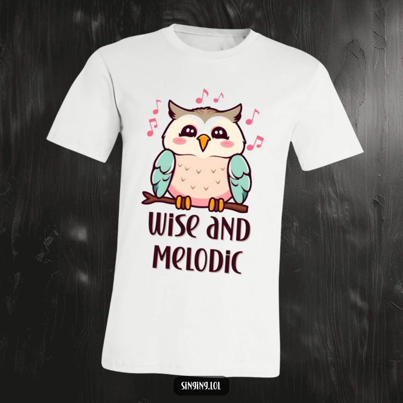 Funny t-shirt featuring a cheerful owl with musical notes emanating from its open beak, a delightful design for music lovers.