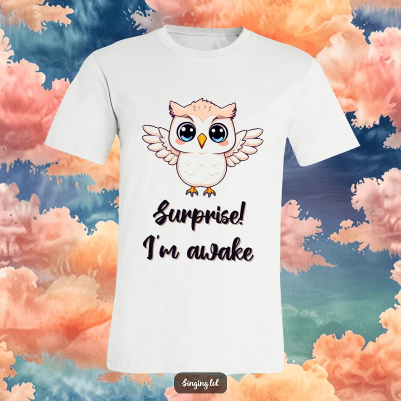 Funny t-shirt displaying a surprised owl character with its wings outstretched, conveying a humorous sense of shock and wonder.