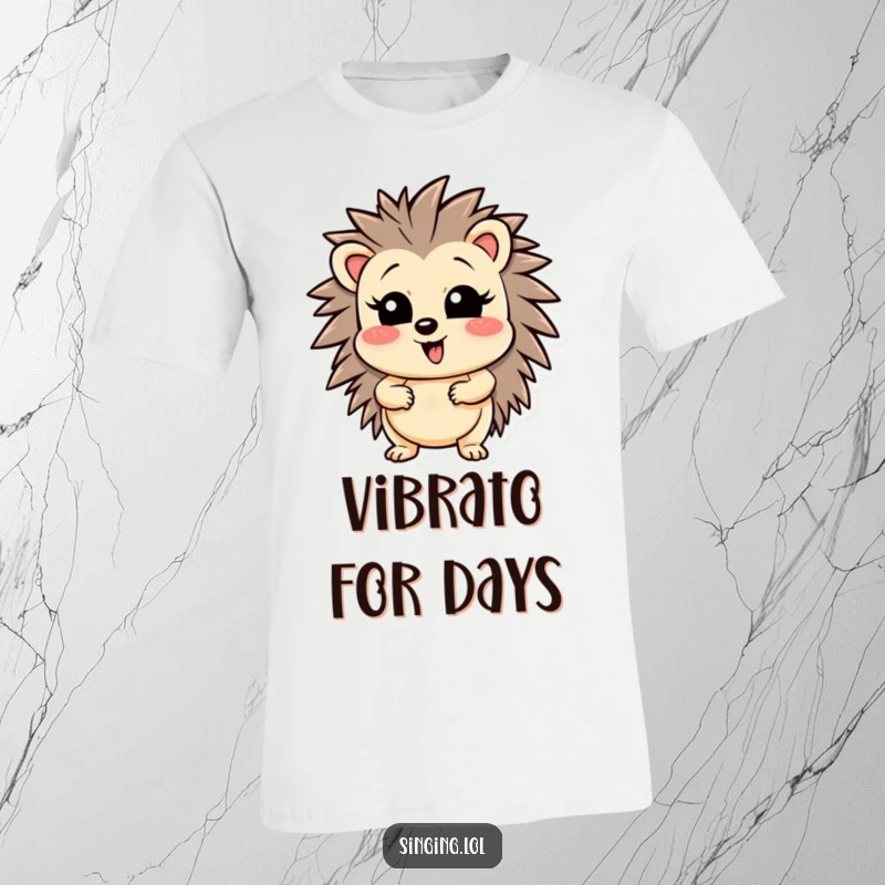 Funny wobbly hedgehog character wearing a tiny hat, enthusiastically hitting a high musical note, printed on a comfortable t-shirt.