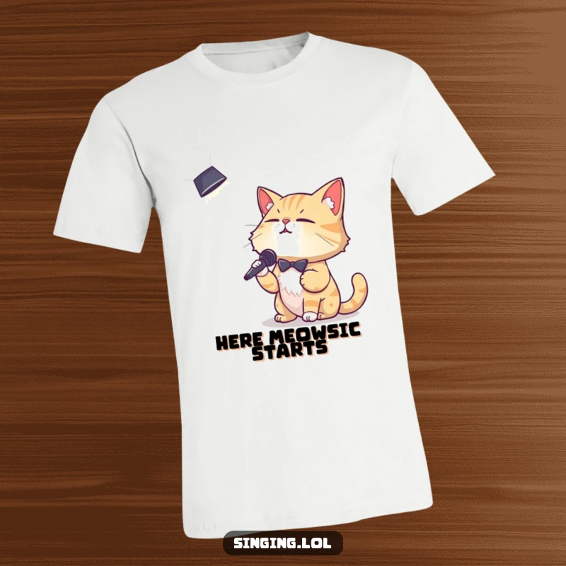 Funny t-shirt of a debonair cat character crooning dramatically into a spotlight, capturing stage presence and feline charm.