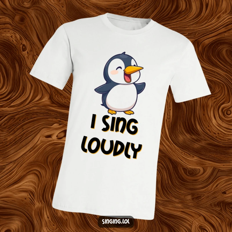 Funny t-shirt with a playful penguin character dramatically squawking a ballad, conveying a passion for music and performance.