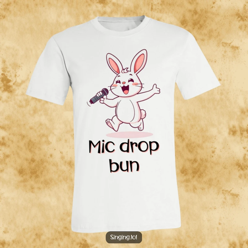 Funny t-shirt featuring a cheerful bunny hopping with a microphone, capturing the excitement of a live musical performance.