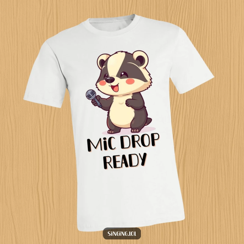 Funny T-Shirt: A giggling badger holds a microphone proudly, ready for a comedy performance, a humorous design.